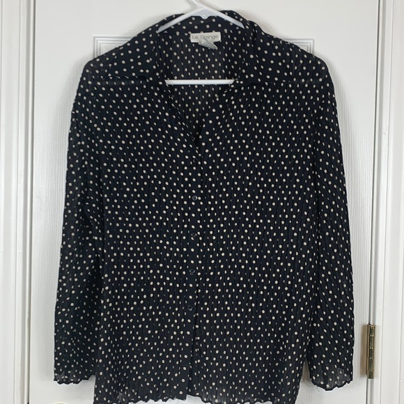 LE Grange black blouse 3/4 sleeves w/white polka dots. Stretchy fabric large - Picture 1 of 7